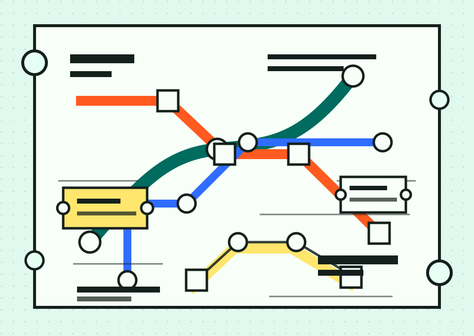 Abstract mint transit ticket with colored route lines, transfer stops, punched edges, and kiosk-card details.
