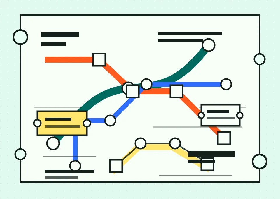 Abstract mint transit ticket with colored route lines, transfer stops, punched edges, and kiosk-card details.