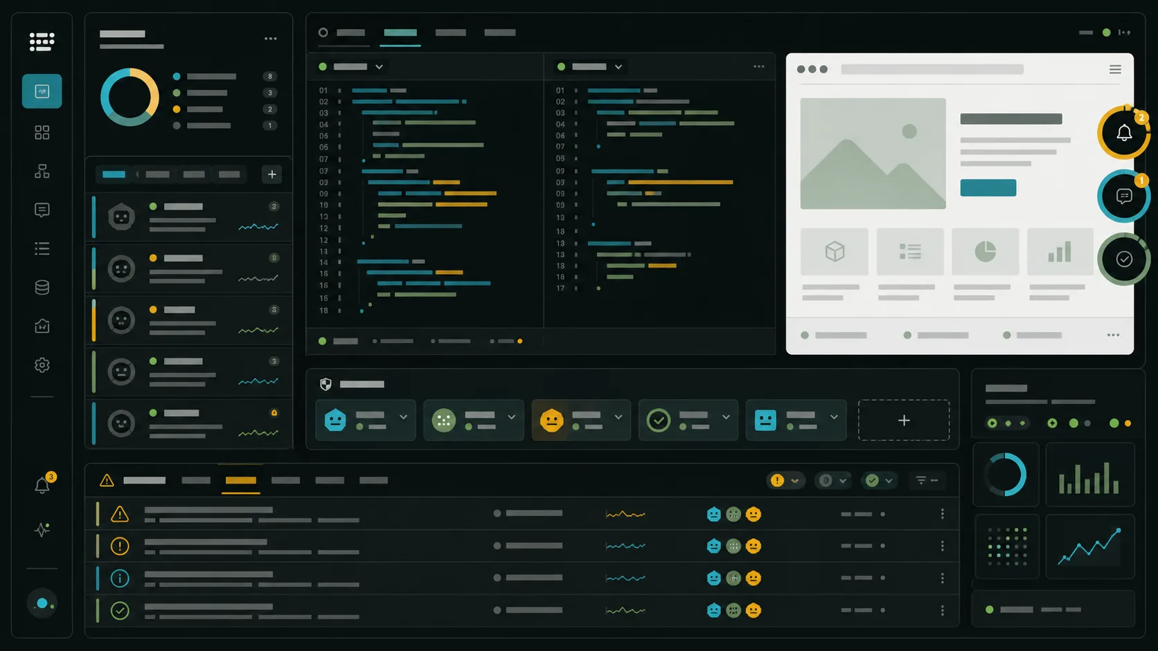 Abstract agent operations console with split terminal panes, browser preview, notification rings, permission chips, and alert rows.