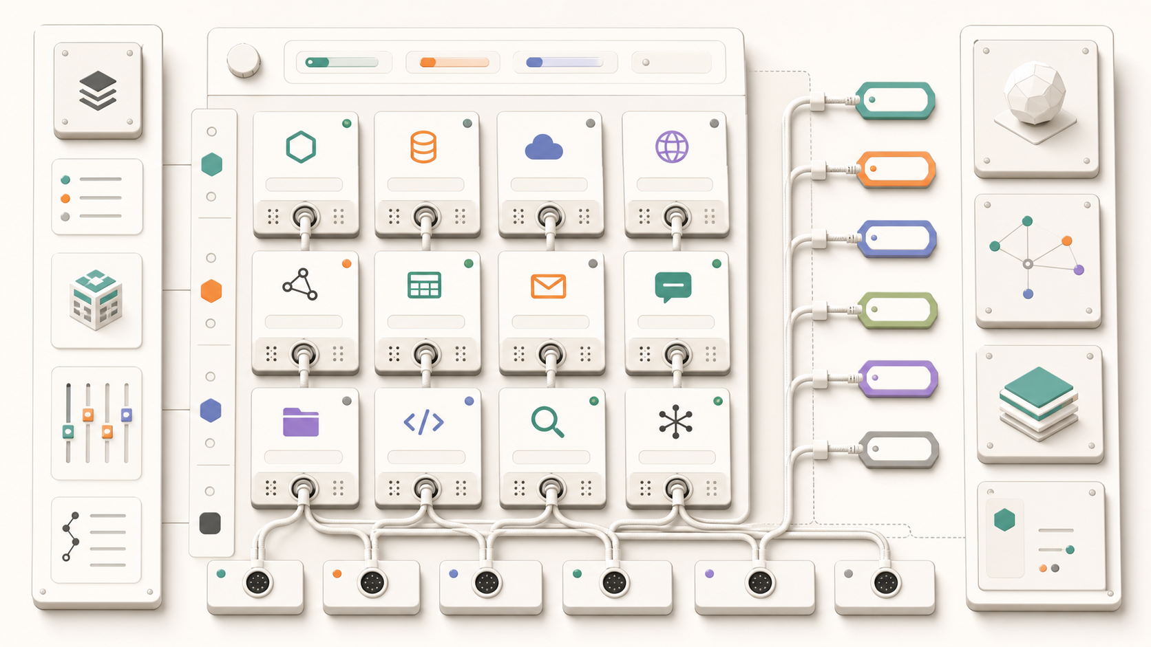 Abstract connector catalog with endpoint panels, socket ports, route tags, and modular cards on a light documentation surface.