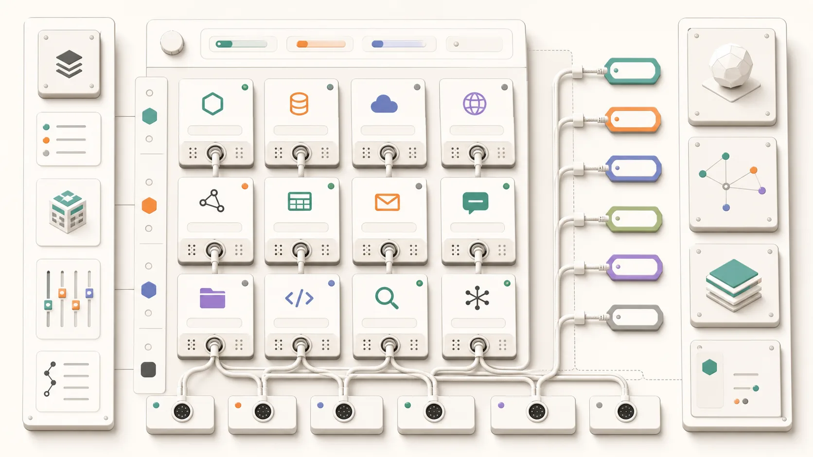 Abstract connector catalog with endpoint panels, socket ports, route tags, and modular cards on a light documentation surface.