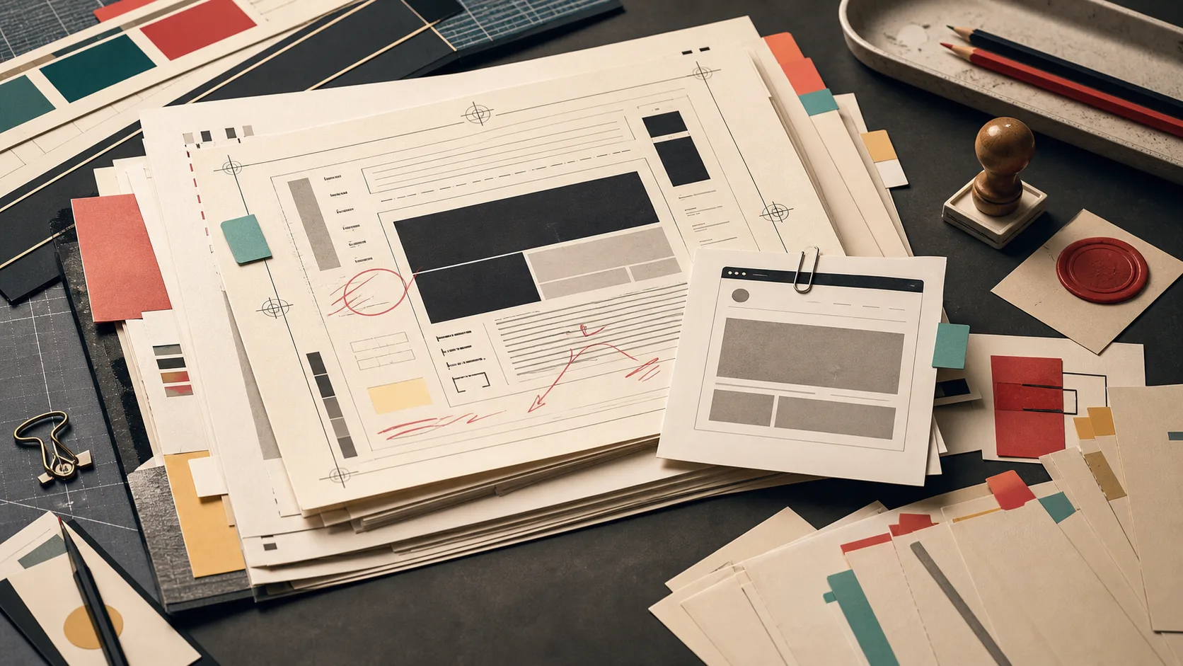 Editorial proof desk with galley sheets, crop marks, correction flags, approval slips, pencils, and signoff stamps.