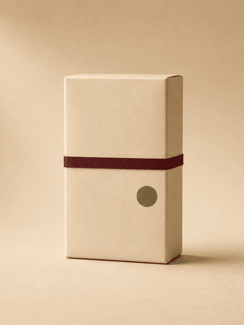 A kraft paperboard product box with a garnet band and an olive dot on a warm studio backdrop.