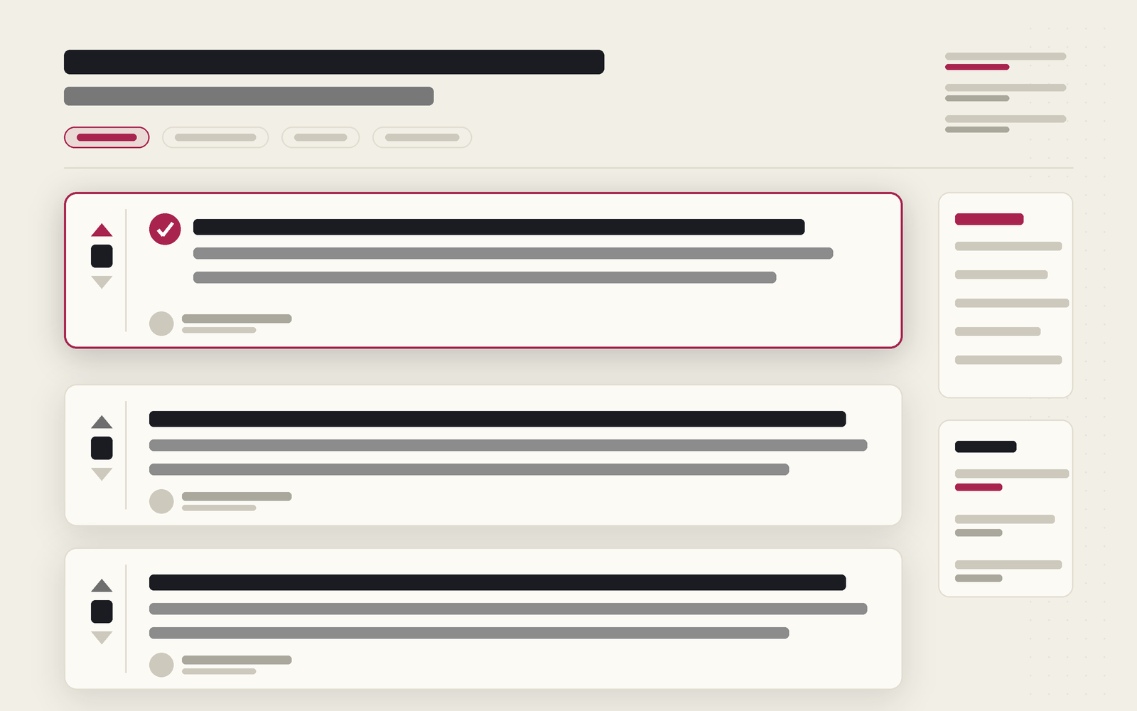 An abstract Q&A thread plate: a question header with tag chips above three stacked answer cards, each with a left vote gutter of carets and a score block. The top card is haloed in raspberry with an accepted check; a small sidebar of tag and linked cards sits at the right. No readable text.