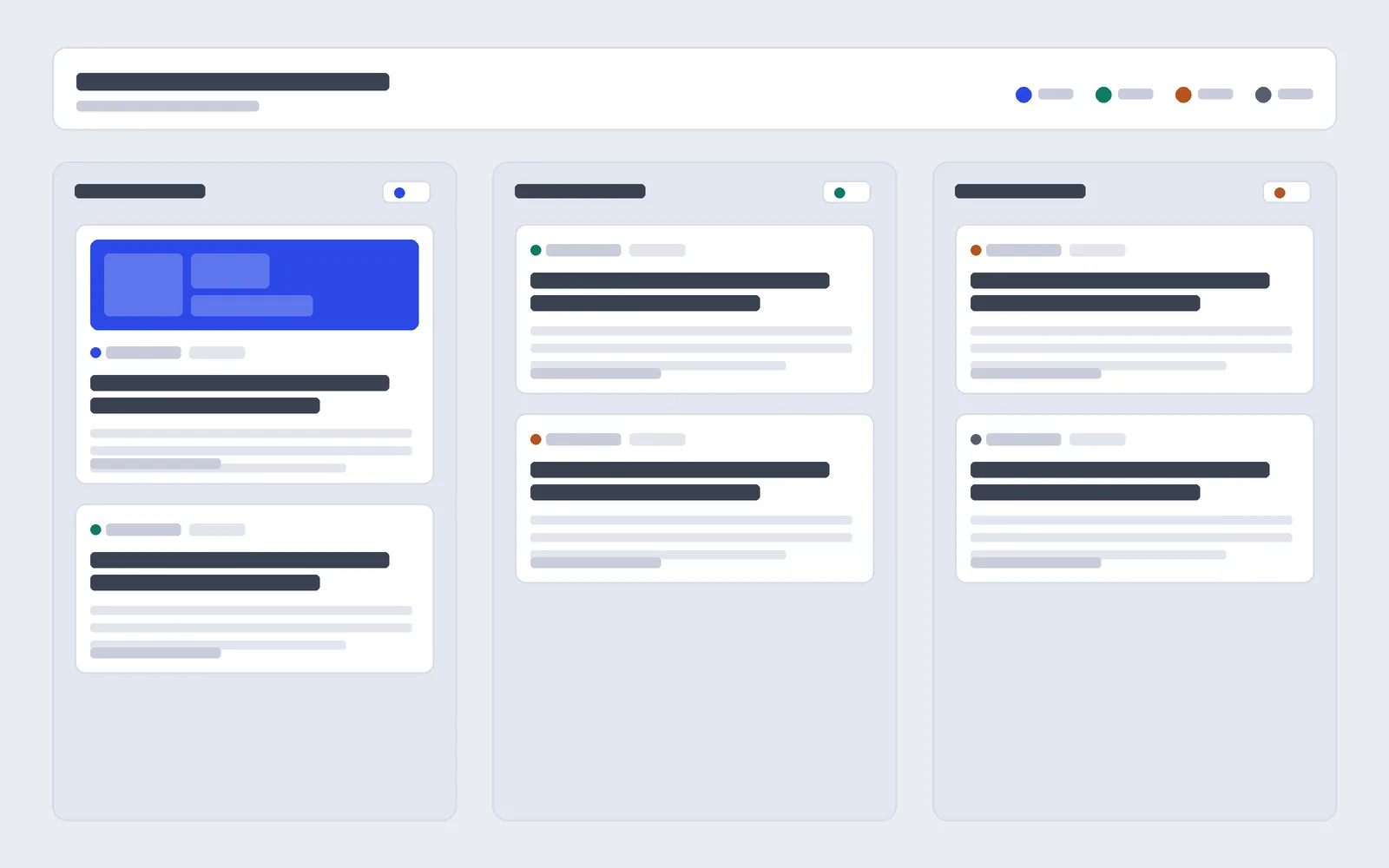 An abstract Kanban board plate: three slate lanes of white cards, each card a row of label dots above heading and text bars and a meta footer line, the lead card topped by a flat cobalt cover block. No readable text.