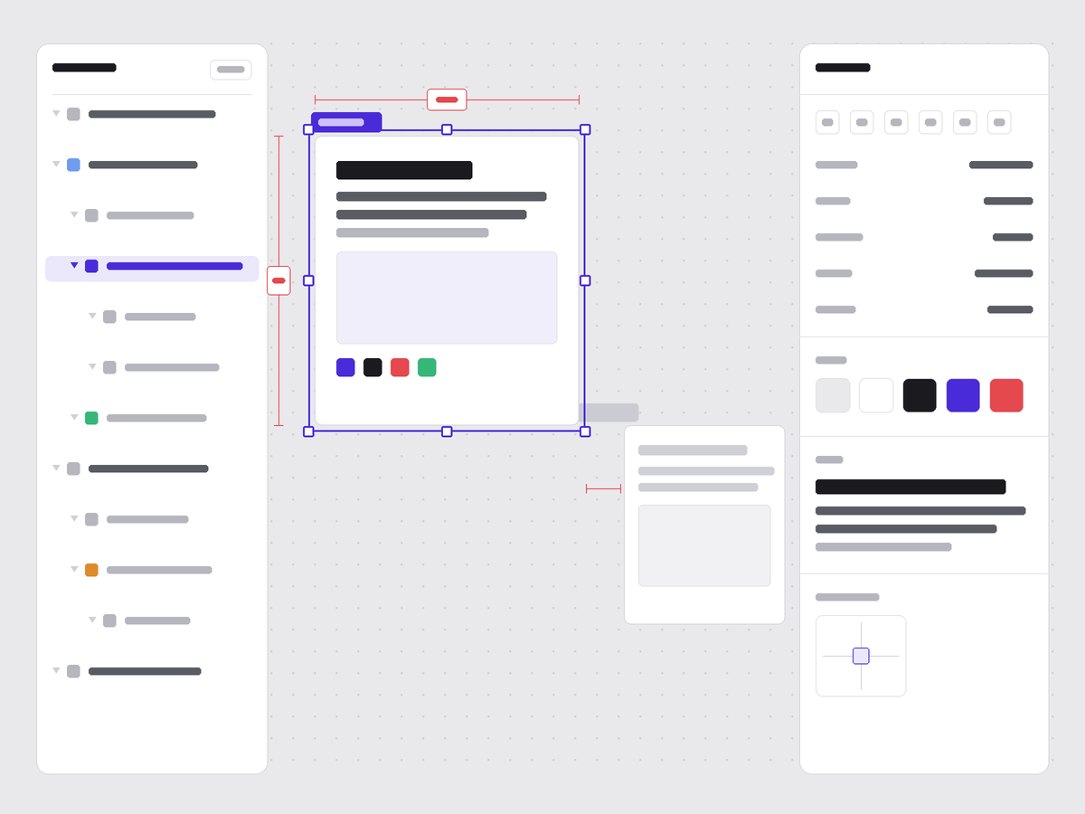 An abstract vector design-tool workspace: a layers panel on the left, a selected white frame with a violet selection outline and corner handles on a dot-grid canvas, red dimension annotations on two sides, and a properties inspector with color tokens on the right.