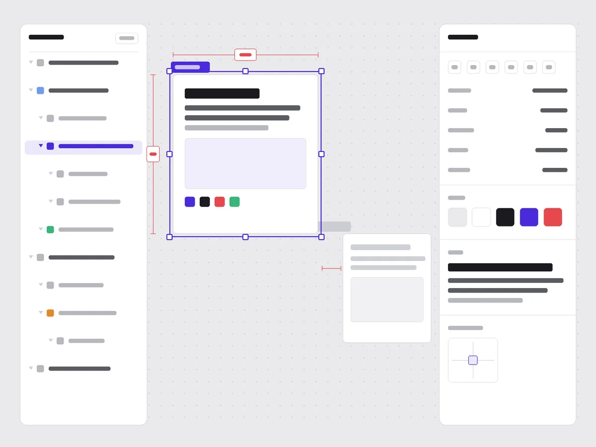 An abstract vector design-tool workspace: a layers panel on the left, a selected white frame with a violet selection outline and corner handles on a dot-grid canvas, red dimension annotations on two sides, and a properties inspector with color tokens on the right.