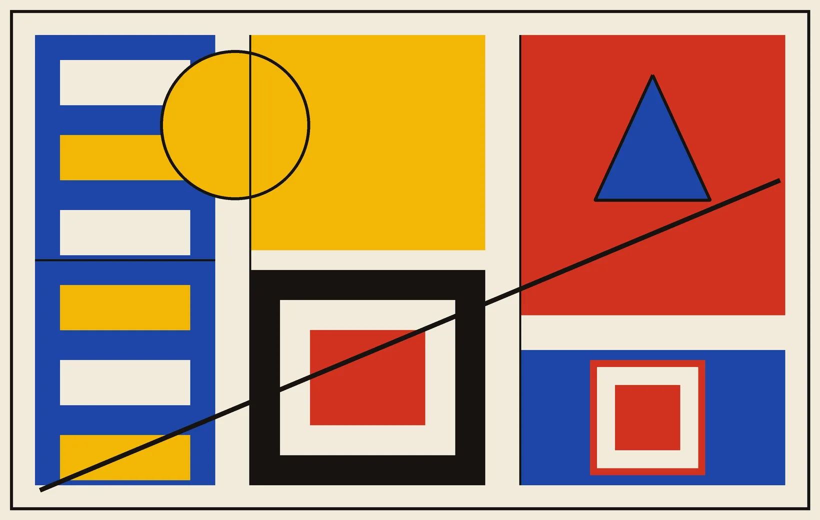 A Bauhaus composition in red, cobalt, and yellow on bone: a left column of stacked module blocks reading as files in a folder, a yellow circle, a cobalt triangle, a framed square, and one black diagonal cutting across.