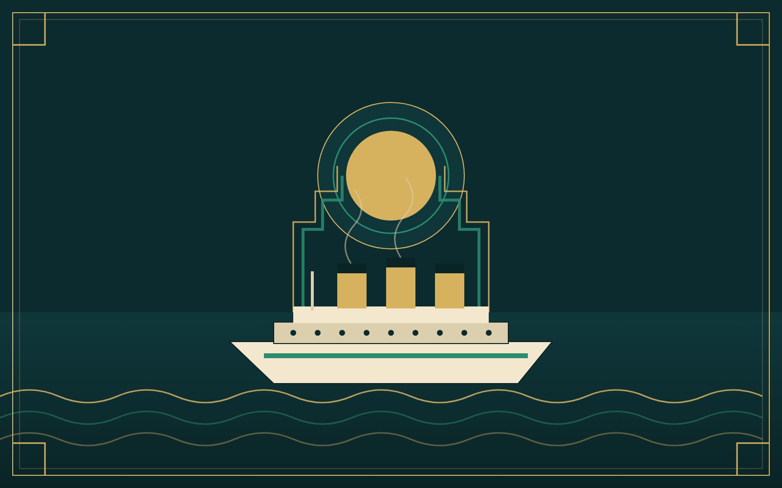 An Art Deco travel-poster plate: a streamlined ocean liner steams toward a stepped gateway arch under a gold sunburst, rendered in emerald, gold, and cream on deep teal.