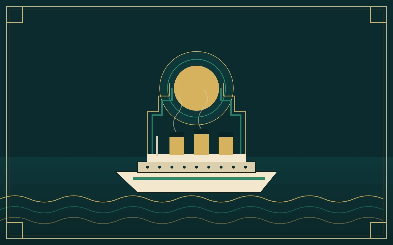 An Art Deco travel-poster plate: a streamlined ocean liner steams toward a stepped gateway arch under a gold sunburst, rendered in emerald, gold, and cream on deep teal.
