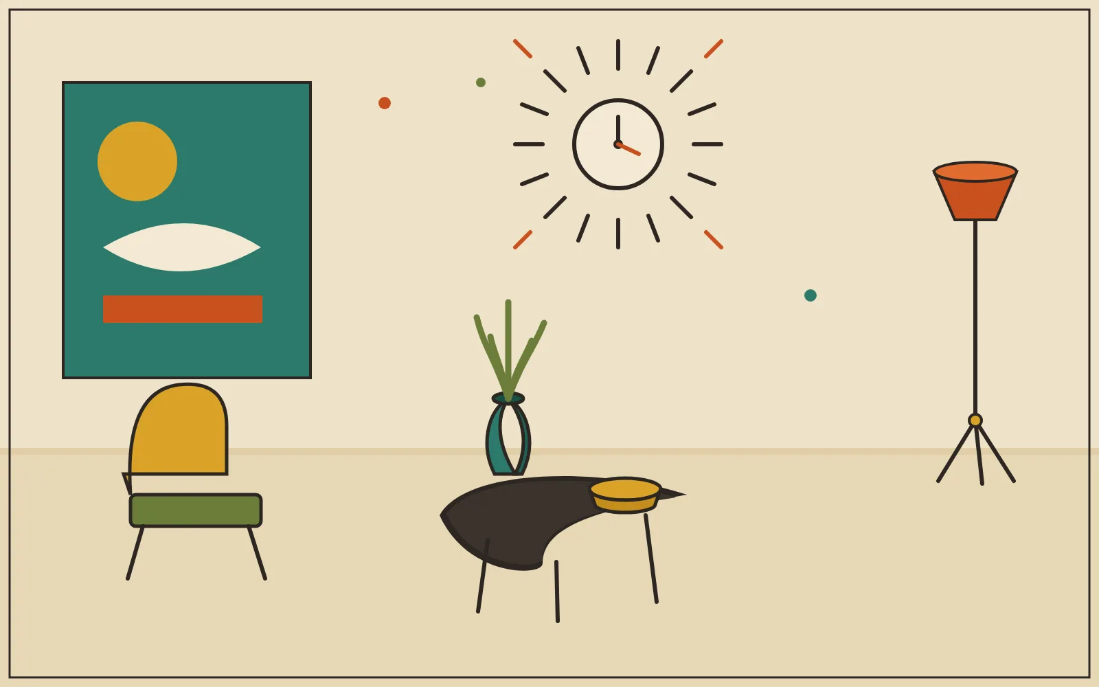 A flat mid-century-modern still life: a starburst wall clock, a tripod sputnik lamp, a boomerang coffee table holding a ceramic vase and a spiky plant, and a low lounge chair, in mustard, teal, avocado, and burnt orange on warm cream.