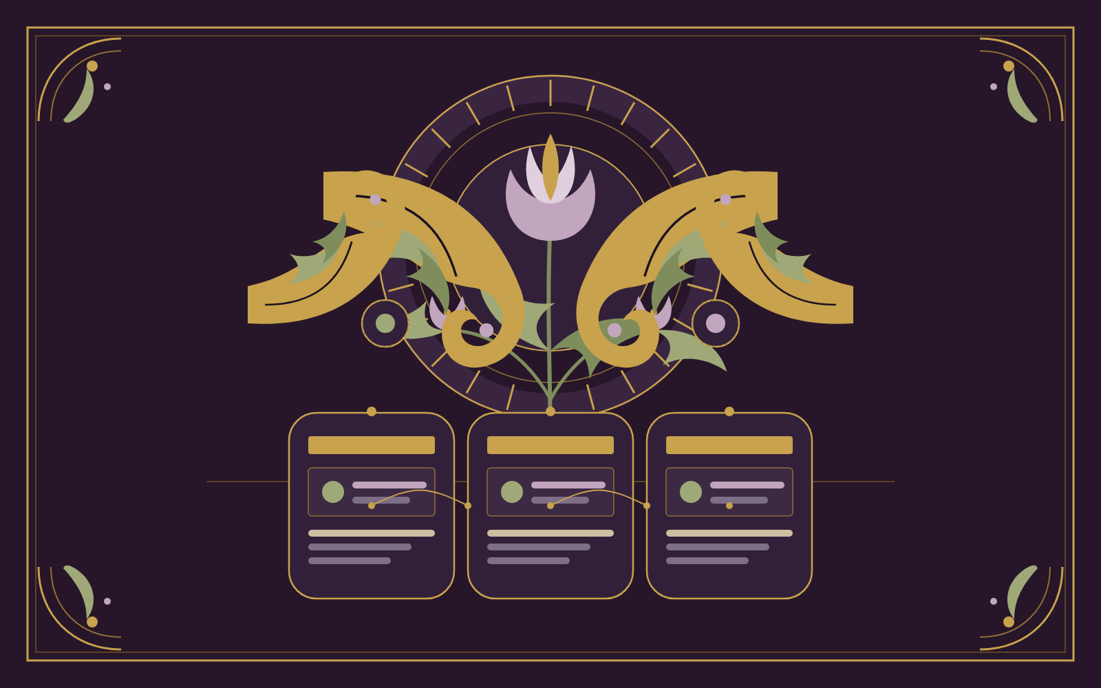 An Art Nouveau decorative panel on deep aubergine: a gold sunburst halo and a stylised mauve iris flanked by symmetrical gold whiplash scrollwork and sage leaves, with three small gold-framed cartouches of abstract page layouts joined by a gold thread along the lower band.