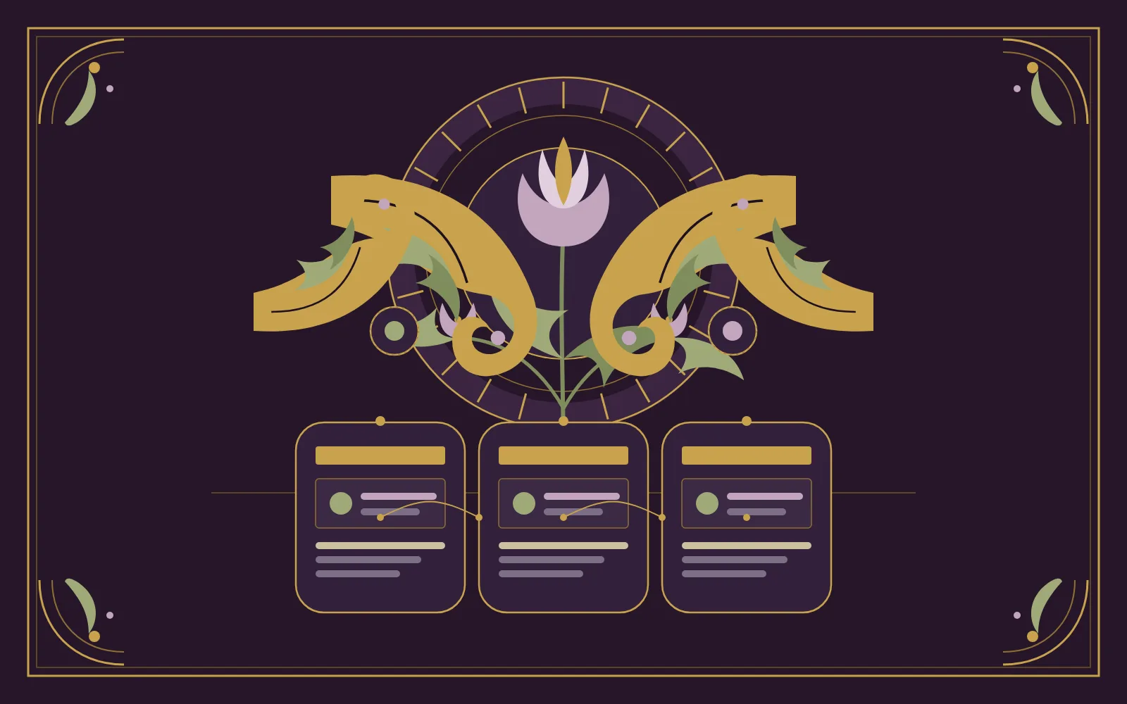 An Art Nouveau decorative panel on deep aubergine: a gold sunburst halo and a stylised mauve iris flanked by symmetrical gold whiplash scrollwork and sage leaves, with three small gold-framed cartouches of abstract page layouts joined by a gold thread along the lower band.