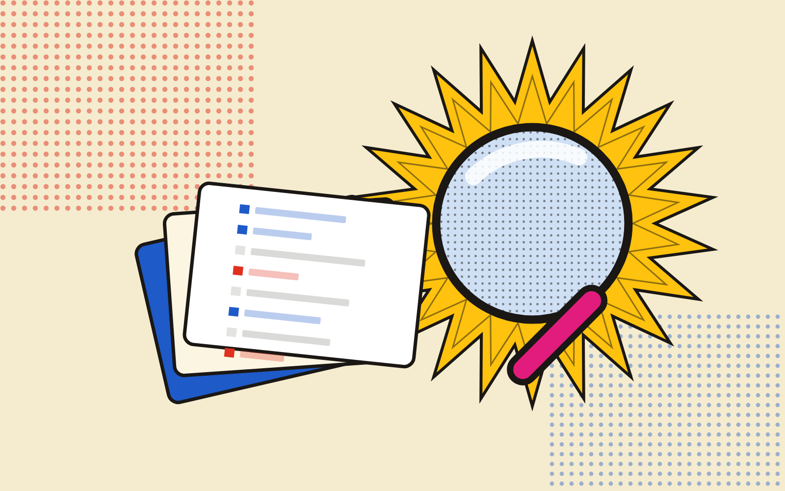 A Pop Art screenprint panel: a thick-outlined magnifying glass held over a fanned stack of file cards marked with small red and blue diff bars, a yellow comic starburst behind it, and a field of red Ben-Day halftone dots, all in flat primaries with heavy black keylines and no readable text.
