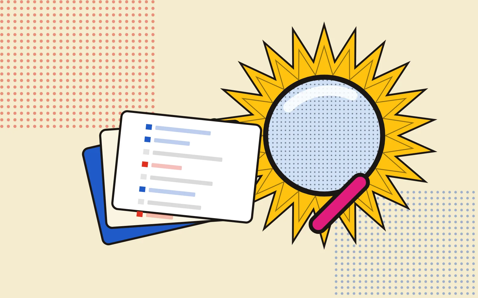 A Pop Art screenprint panel: a thick-outlined magnifying glass held over a fanned stack of file cards marked with small red and blue diff bars, a yellow comic starburst behind it, and a field of red Ben-Day halftone dots, all in flat primaries with heavy black keylines and no readable text.