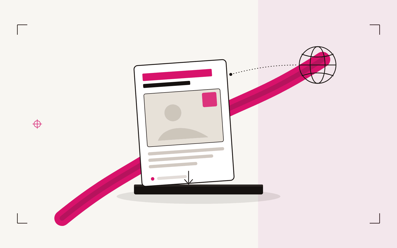 An editorial still life: a web page displayed on a pedestal, a magenta ribbon sweeping out to a wireframe globe, a dotted line reaching toward the web and a small arrow shipping the page down into its plinth.