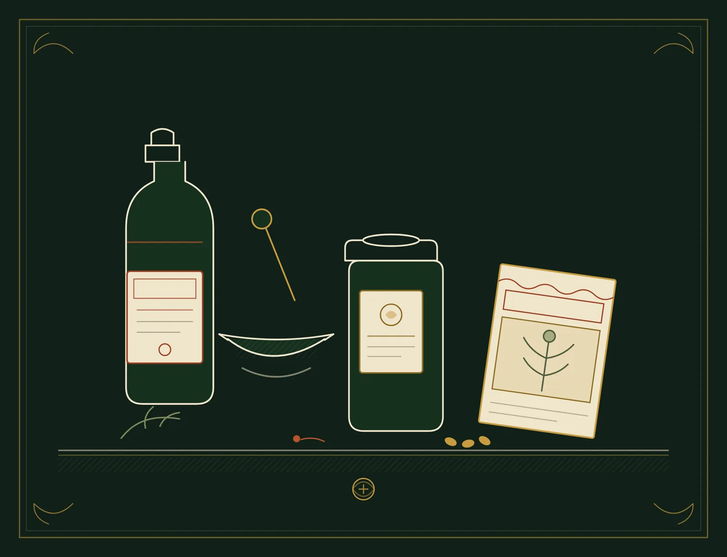 An engraving-style apothecary plate on bottle green: two labeled tincture bottles with blank labels, a mortar and pestle, a folded seed packet, and botanical sprigs arranged on a shelf, drawn in cream line work with rust and brass accents.