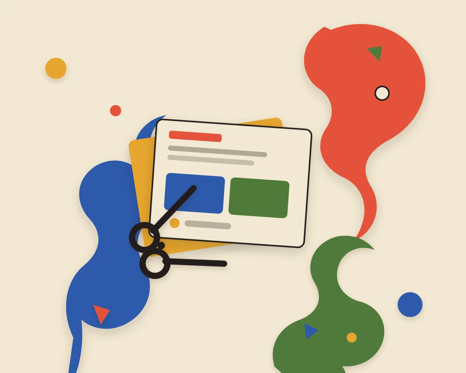 A Matisse-style cut-paper collage on warm cream: organic coral, cobalt, and leaf-green paper fronds around a layered stack of pages standing in for screens, with abstract colored blocks and bars instead of readable text, and a pair of black paper scissors resting across the stack.