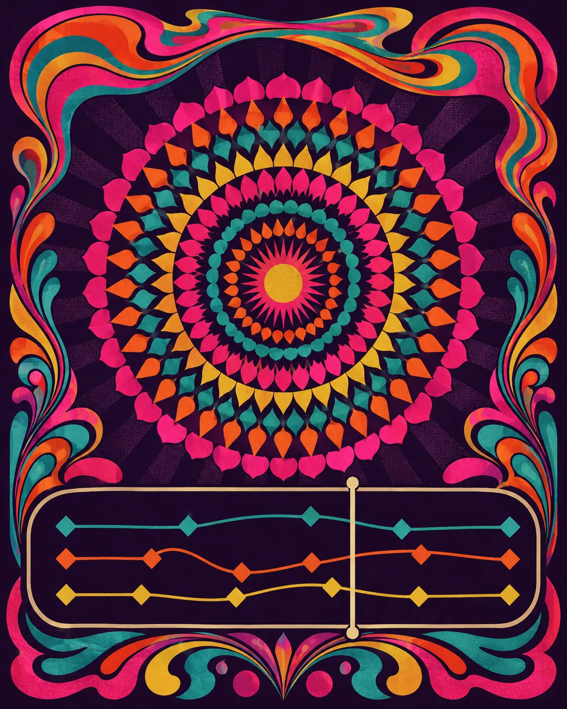 A psychedelic concert-poster plate on deep grape: a large mandala of teardrop petals in magenta, teal, orange and gold radiating from a sunburst center, framed by liquid swirling Art Nouveau borders, with an abstract animation timeline panel across the bottom showing three lanes of keyframe diamonds, easing curves, and a playhead, no readable text.
