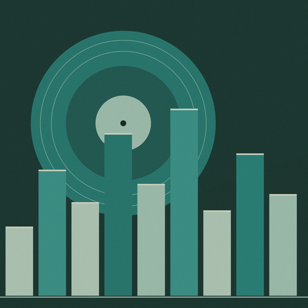 A mid-century jazz record-sleeve plate: a teal-and-cream duotone record disc with groove rings on warm charcoal, set behind a row of tall vertical bars of varying height that read as both an equalizer and a gate, heavy film grain, no readable text.