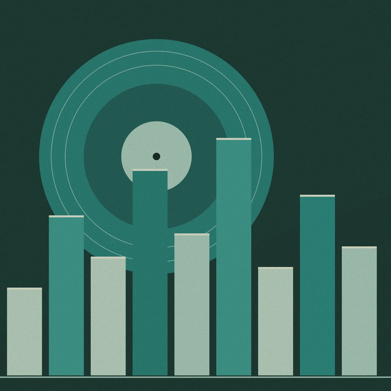 A mid-century jazz record-sleeve plate: a teal-and-cream duotone record disc with groove rings on warm charcoal, set behind a row of tall vertical bars of varying height that read as both an equalizer and a gate, heavy film grain, no readable text.