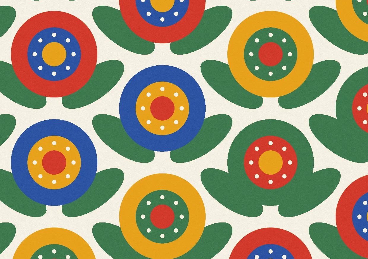 A Scandinavian folk-textile print: oversized flat poppy-flower heads in poppy red, cobalt, marigold, and leaf green with green leaves, half-drop tiled on warm off-white cloth. No readable text.