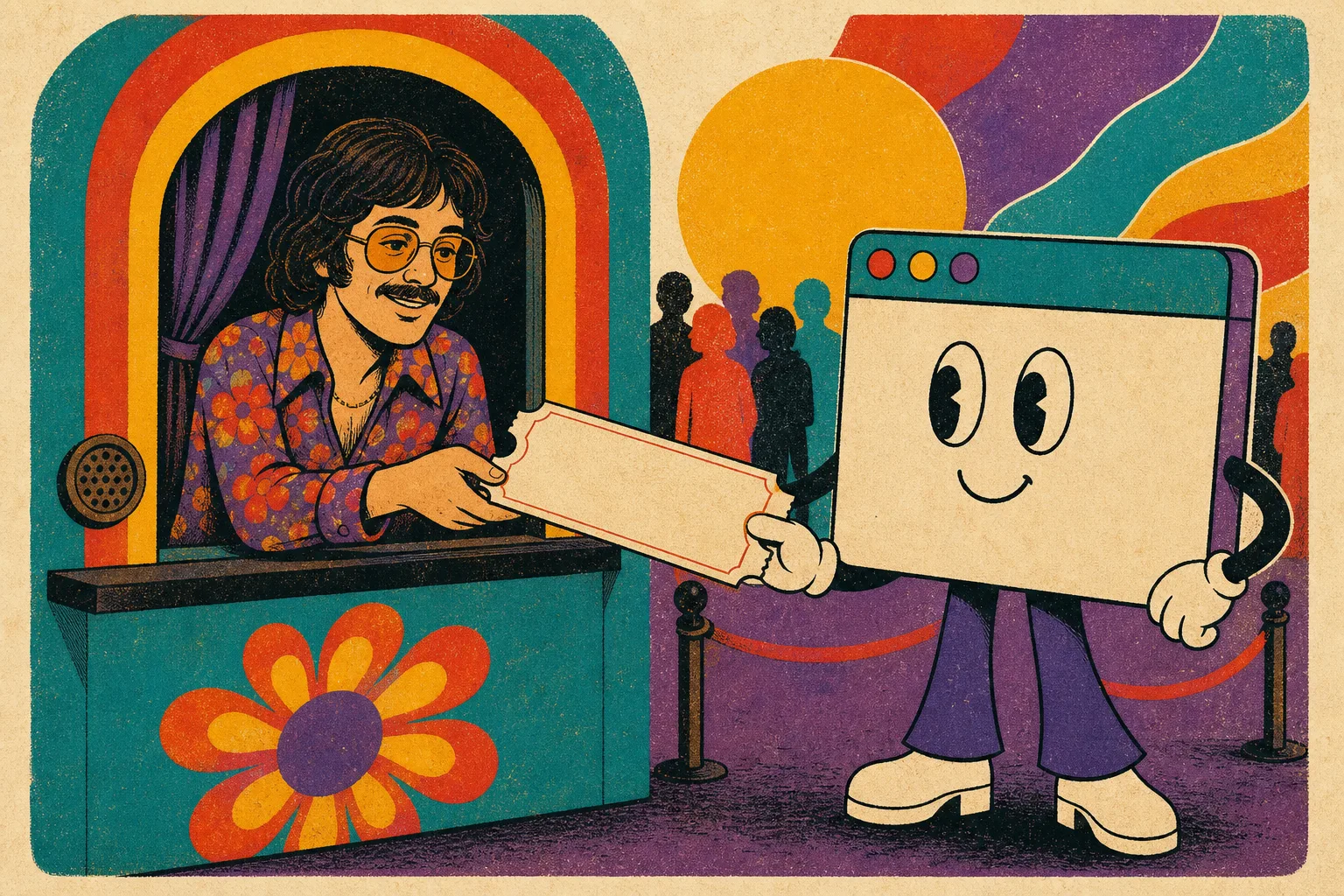 A colorful hand-inked cartoon of a ticket booth where a human clerk hands an oversized blank ticket to a friendly browser-shaped agent, surrounded by stacked vintage tickets, stamps, and tokens. The image has no readable text.