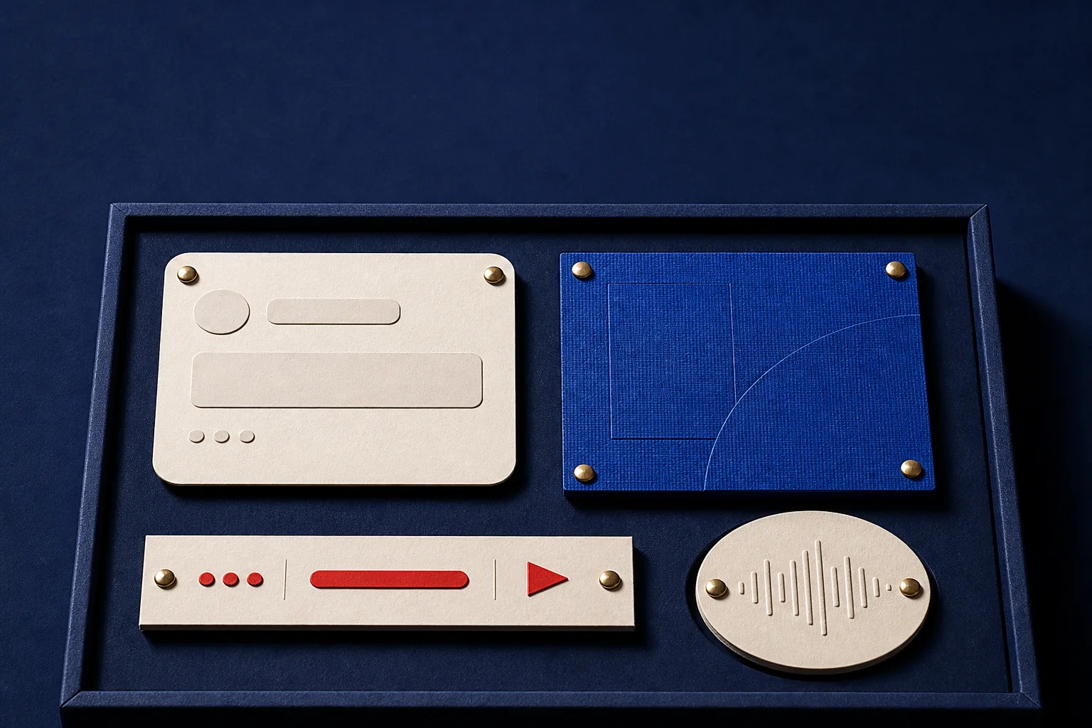 A dark indigo product sample tray with abstract chat, canvas, command, and voice interface pieces.