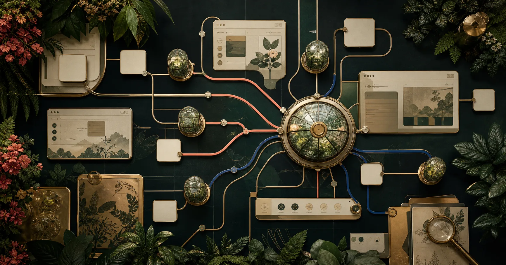 A dark conservatory route map with brass rails, blank interface panes, botanical crops, and a central glasshouse hub.
