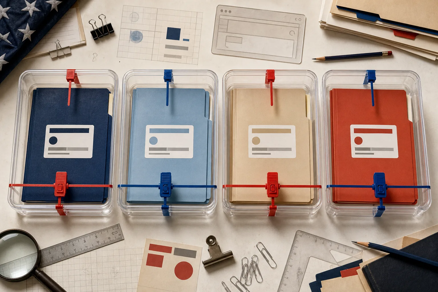 Four project folders held in clear quarantine trays with red and blue seals, blank evidence cards, rulers, pencils, and civic desk papers.