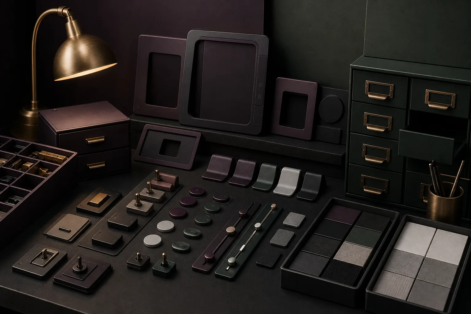 A dark component hardware counter with blank UI parts, drawers, switches, tray samples, and brass task lighting.
