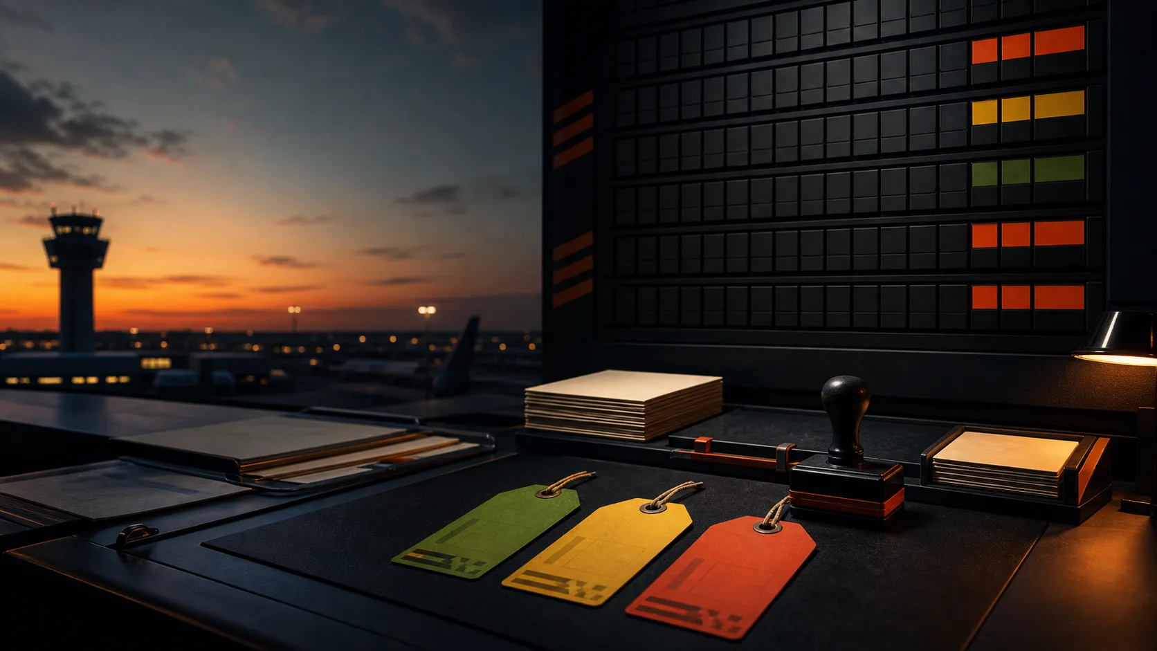 A dark airport operations desk with blank split-flap tiles, control cards, a rubber stamp, and colored review-lane tags.