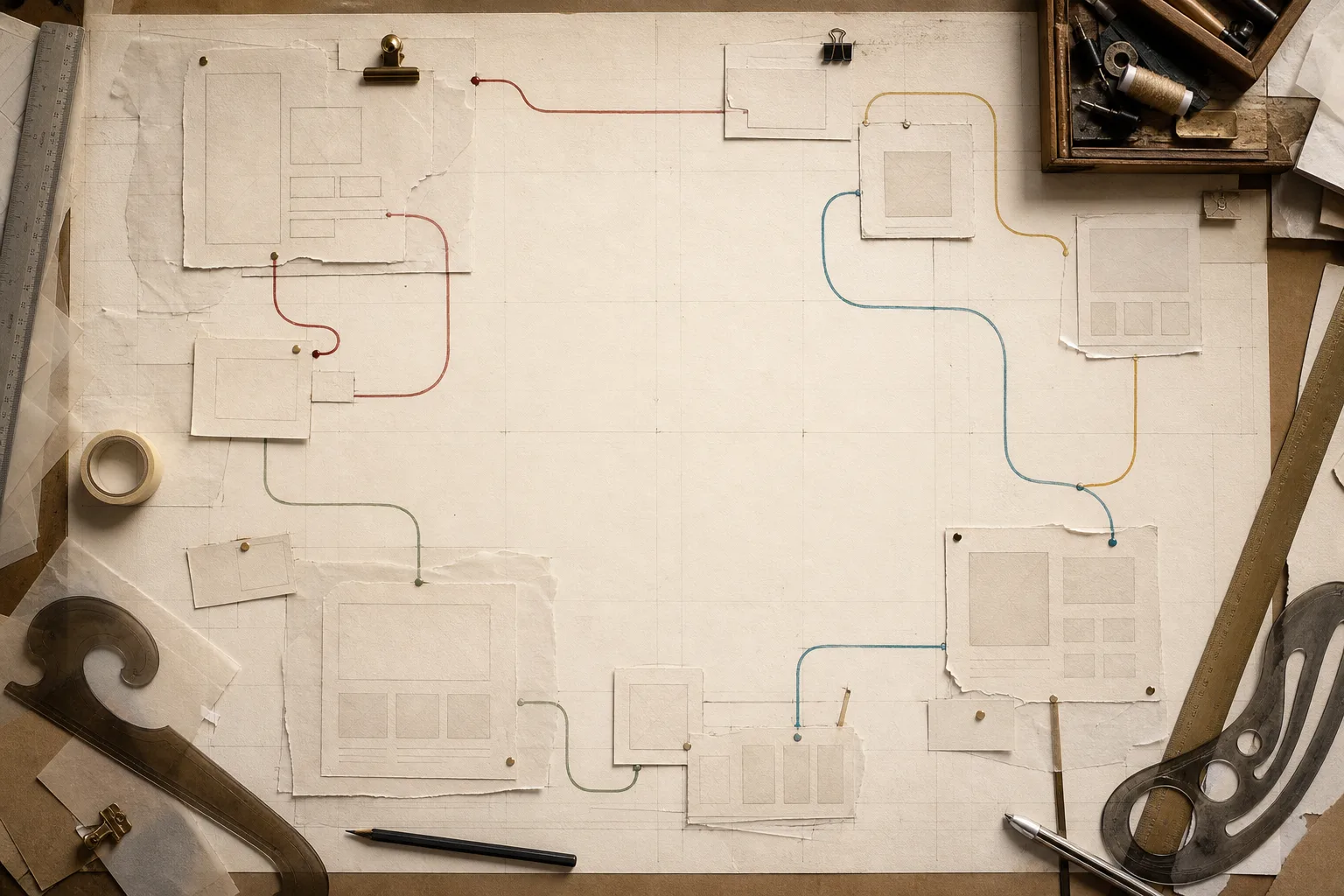 A cool drafting table with torn paper interface pieces, colored border paths, rulers, pins, and crop marks.