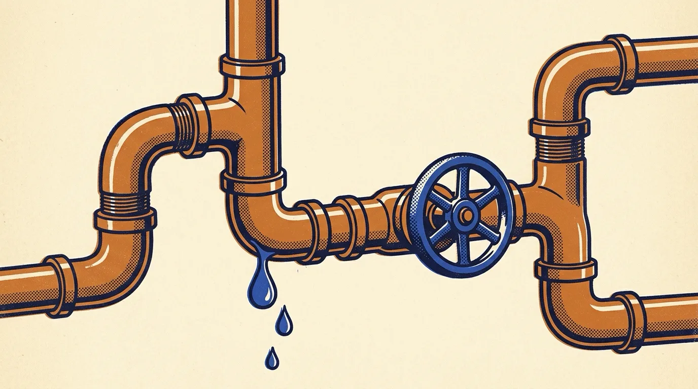 Vintage halftone lithograph of copper pipes with a cobalt valve wheel and one blue drop leaking from a joint.