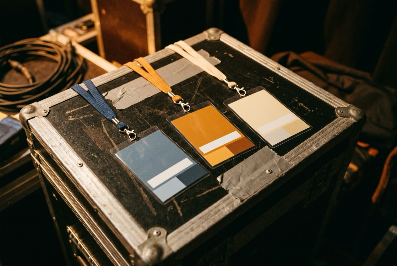 Three blank laminated backstage passes on lanyards, one steel blue, one amber, one cream, resting on a black road case with gaff tape under warm tungsten light.