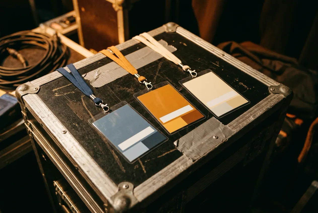 Three blank laminated backstage passes on lanyards, one steel blue, one amber, one cream, resting on a black road case with gaff tape under warm tungsten light.