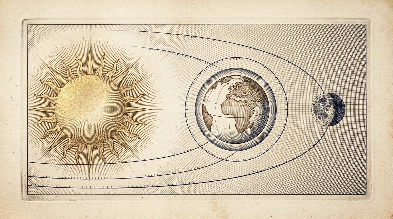 Engraved astronomical plate of a radiant gilded sun, a hatched earth, and a small stippled moon connected by fine indigo orbital arcs on aged cream paper.