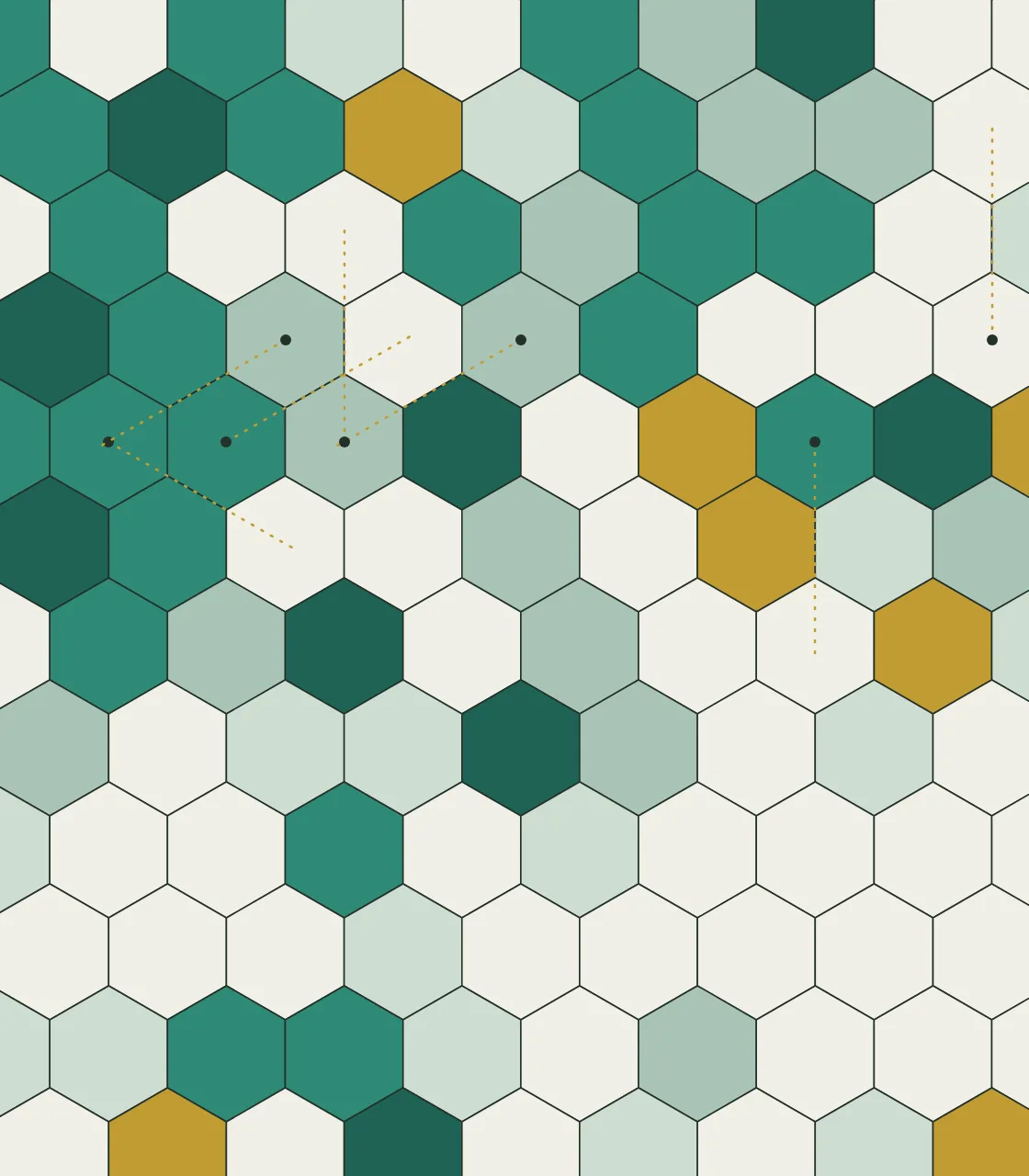 The same honeycomb lattice restored: tiles filled in verdigris, sage, and gilt on porcelain, with gold dotted rays.