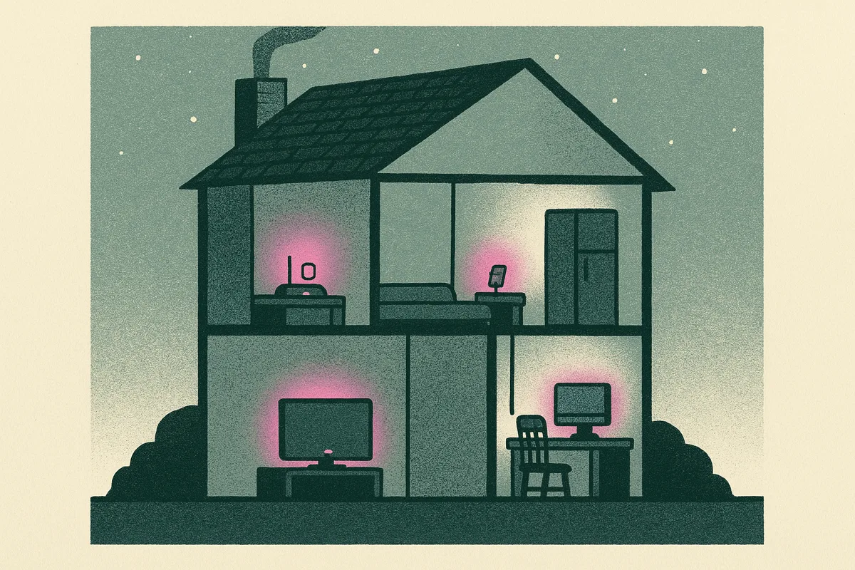 Cutaway illustration of a house at night with standby devices glowing magenta: a router, a television, a fridge, and chargers.
