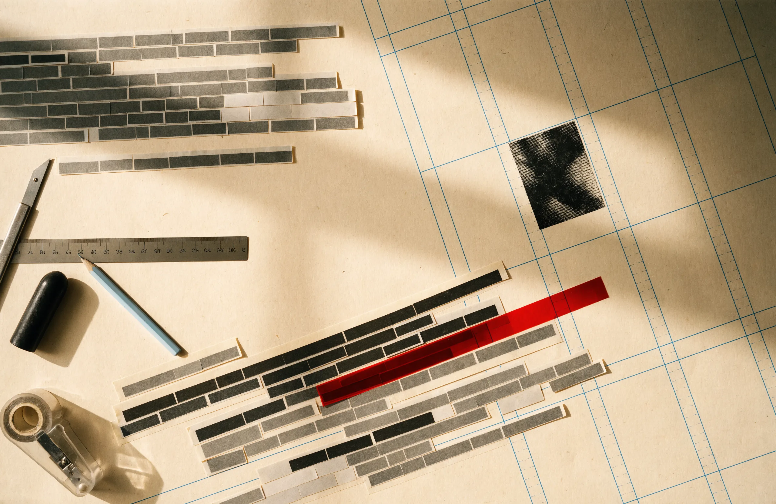 Overhead photograph of a paste-up desk: waxed galley strips of gray type, a knife, a steel ruler, a non-photo blue pencil, a tape dispenser, and a red rubylith strip on a cream board ruled in light blue.