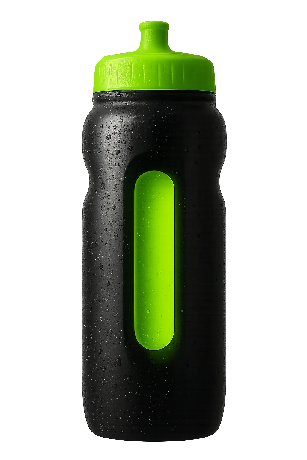 Cutout studio photo of a matte black sports squeeze bottle with a neon-green cap and a glowing neon-green liquid window, beaded with condensation.