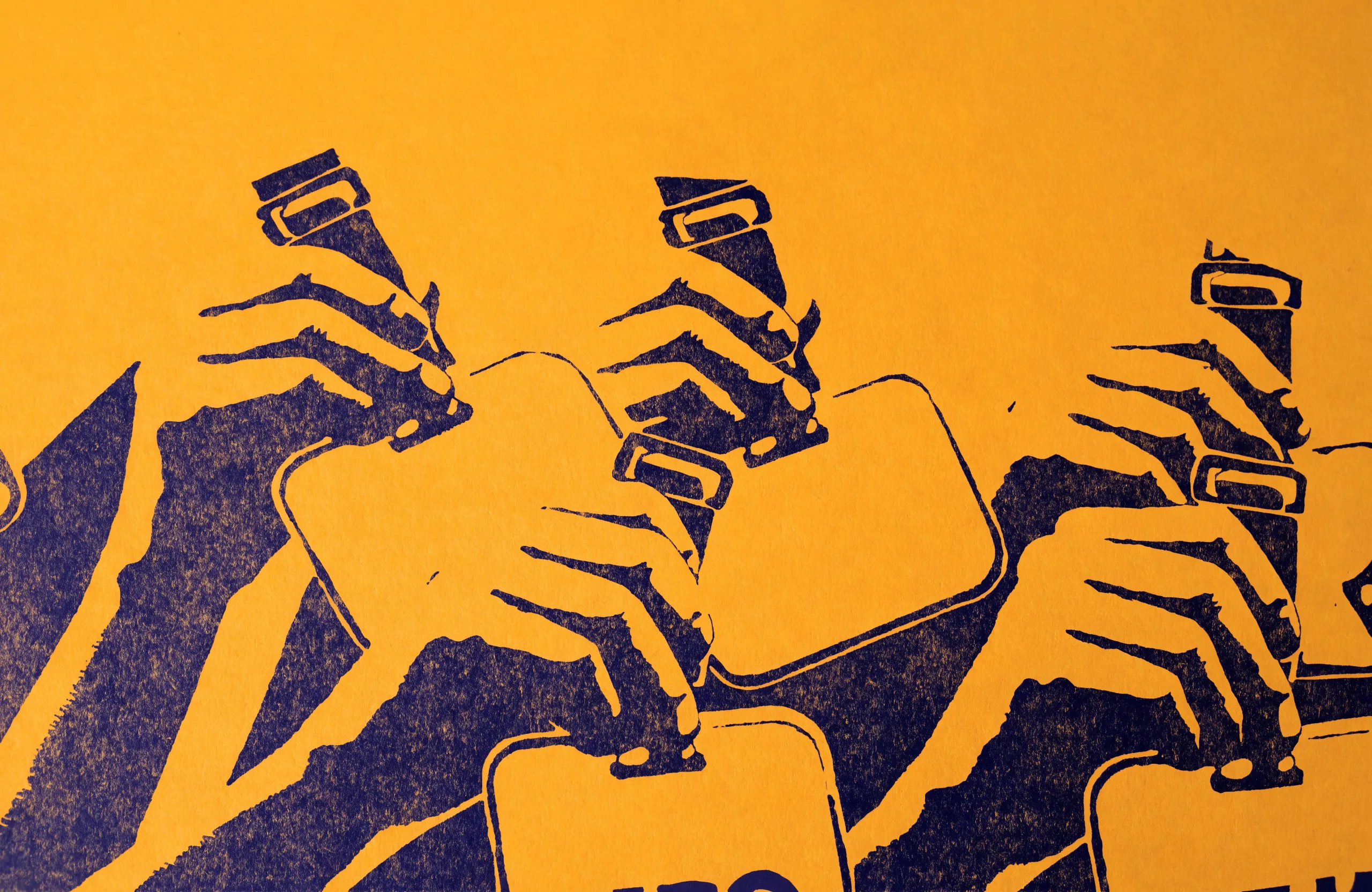 Two-ink screenprint close-up of raised hands holding blank conference badges on lanyards, printed in indigo on marigold paper.