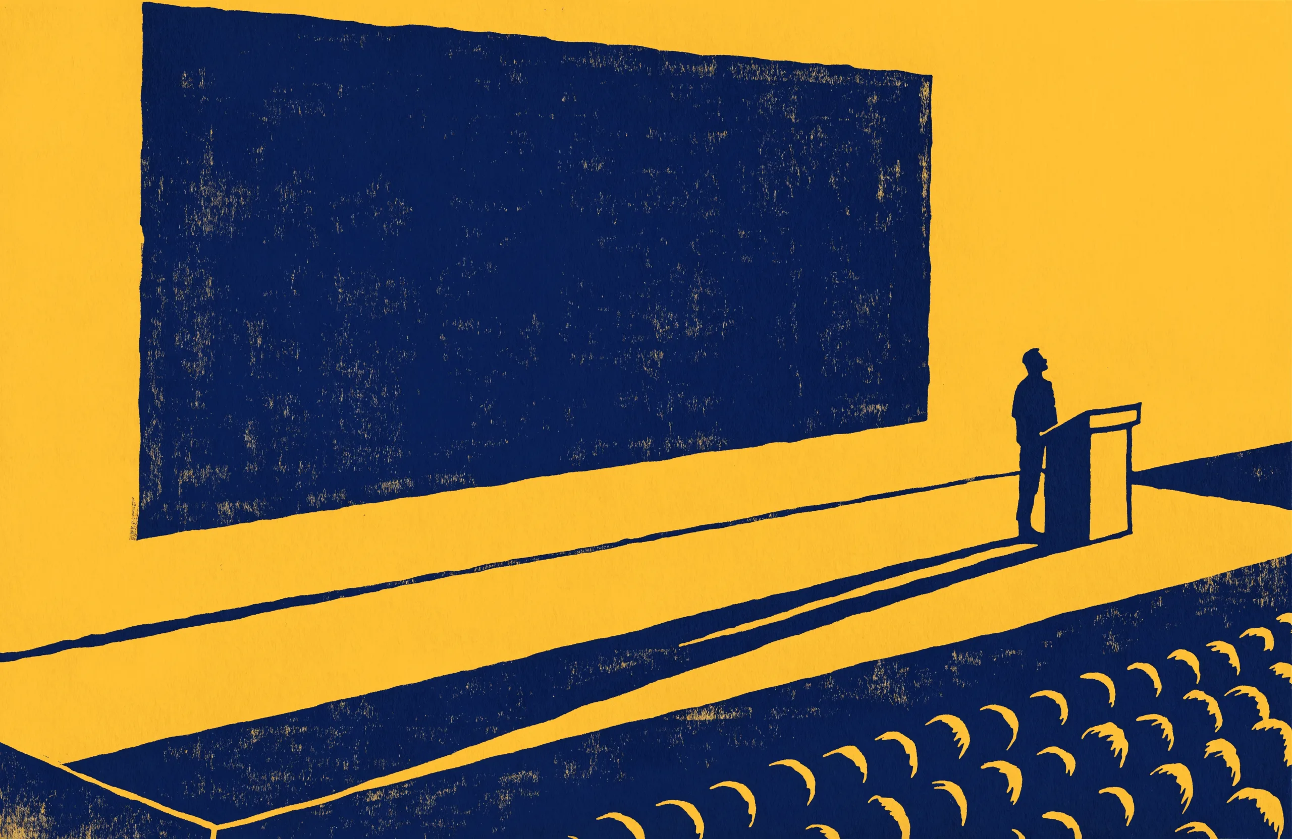 Two-ink screenprint of a summit keynote: a lone speaker at a lectern beside a huge blank indigo screen, rows of audience heads in the foreground, printed in indigo on marigold paper.