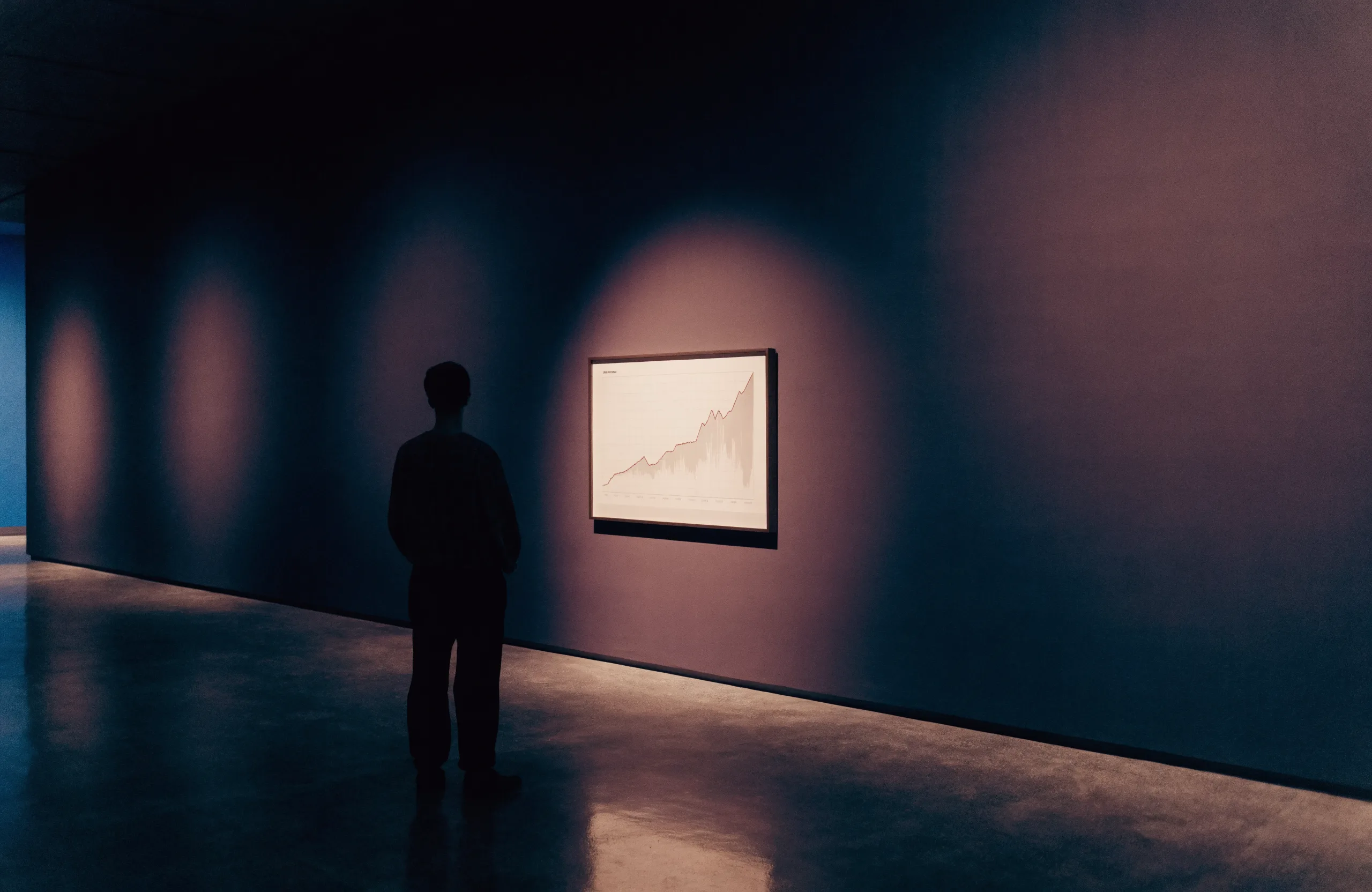 A lone visitor in silhouette views a single spotlit framed chart on a dark plum gallery wall, warm light pooling on a polished concrete floor.