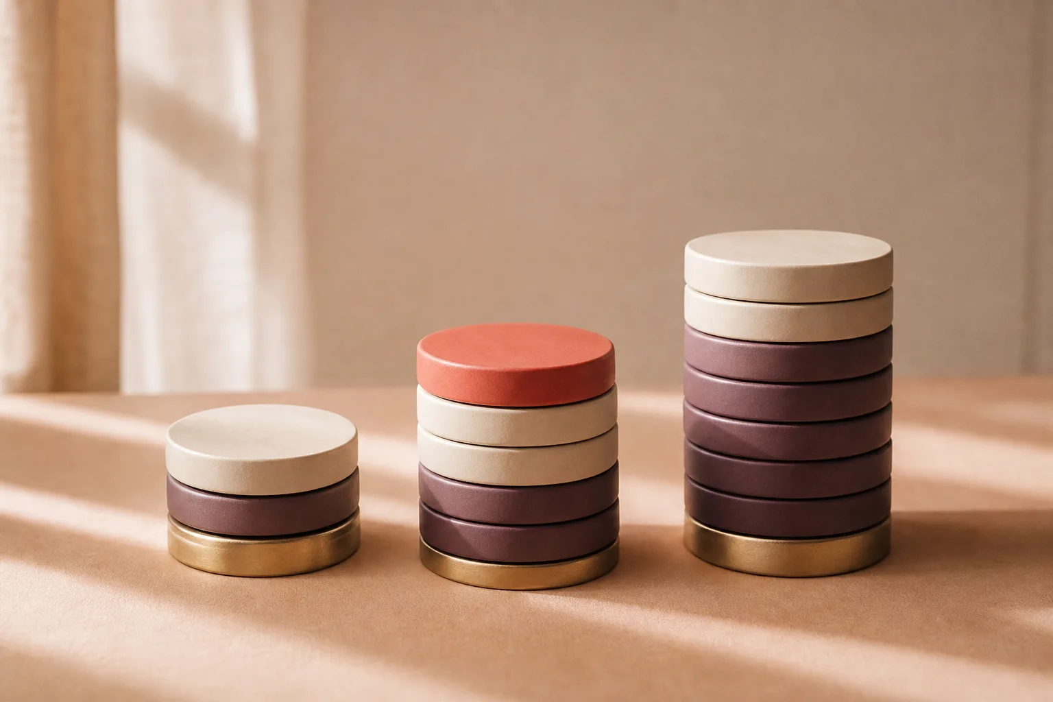 Three graduated stacks of brass and ceramic discs, short to tall, on a warm peach surface, with a single coral disc on the middle stack.