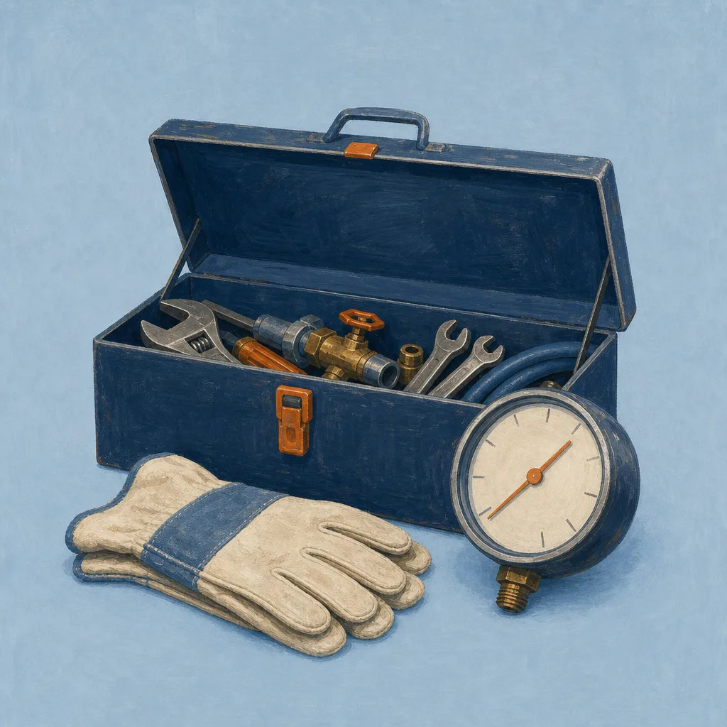 Flat gouache illustration of an open navy steel toolbox holding wrenches and a valve, with folded canvas work gloves and a round pressure gauge beside it on a chambray blue field.
