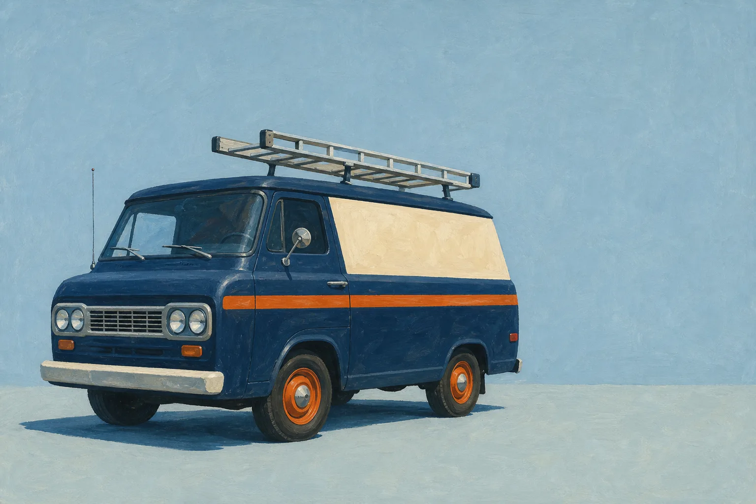 Flat gouache illustration of a navy mid-century service van with a cream side panel, safety-orange stripe and wheels, and a ladder on its roof rack, parked on a chambray blue field.