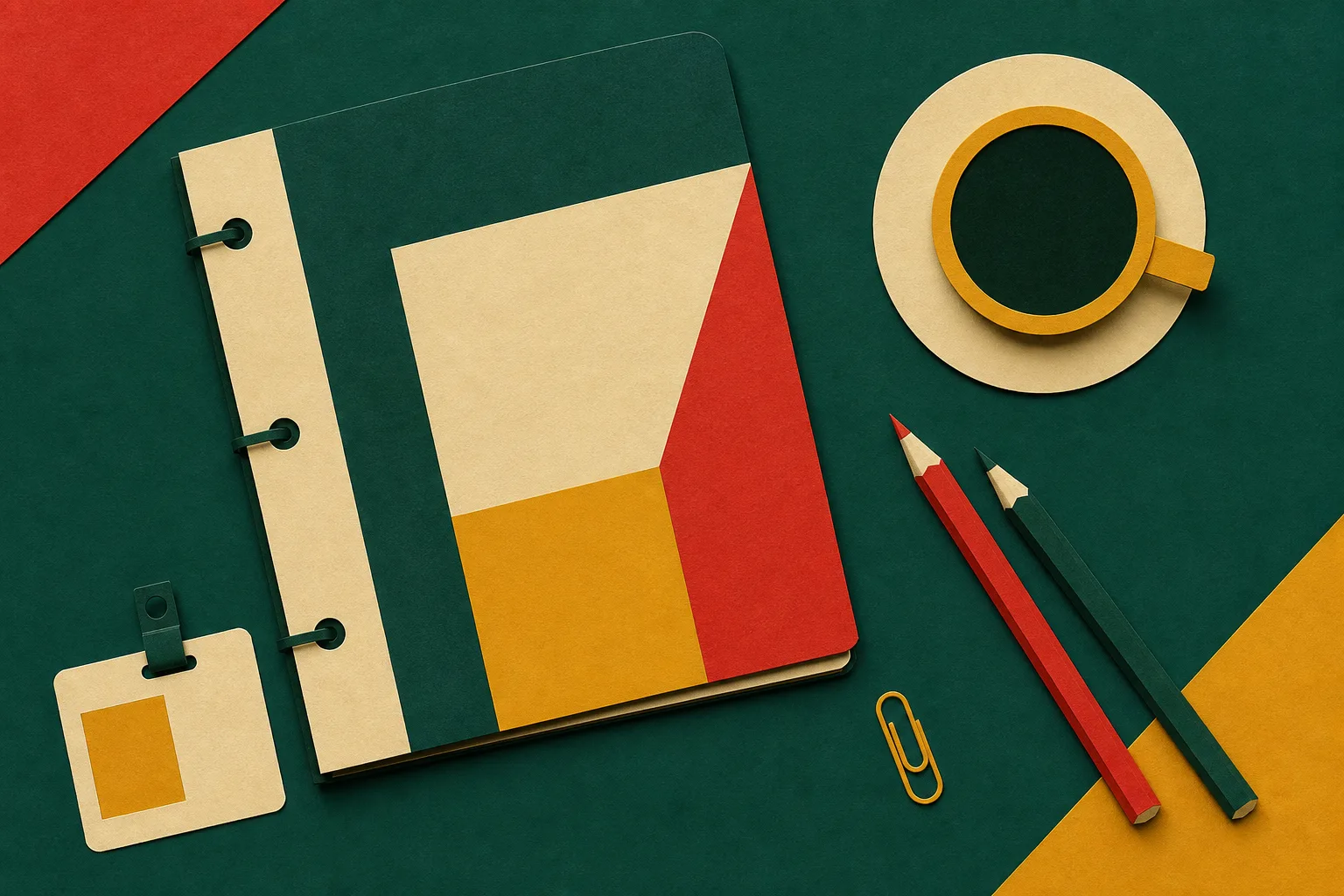 Cut paper collage of an orientation desk seen from above: a ring bound handbook with a geometric cover, a blank ID badge, a cup of coffee on a saucer, two pencils and a paper clip on deep green paper