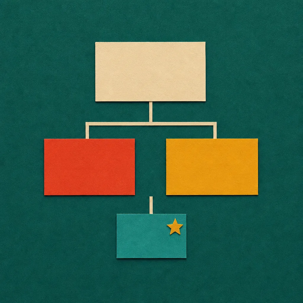 Cut paper collage of a simple org chart: a cream rectangle on top, a vermillion and a mustard rectangle in the middle row, and a small teal rectangle with a paper star joining at the bottom