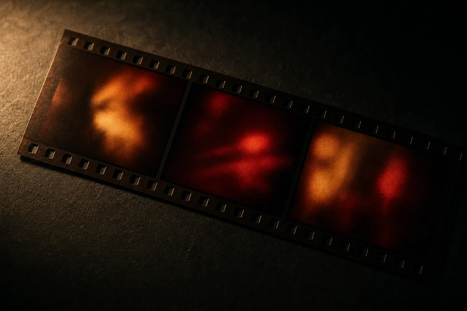 A strip of 35mm motion picture film on a dark table, three frames glowing with abstract amber and red light